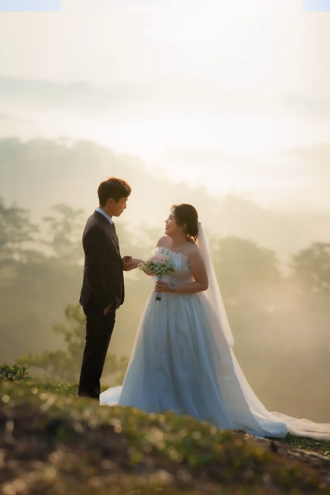 Loo và Boo đứng đối diện nhau trên đồi, sương sớm phủ rừng thông phía sau